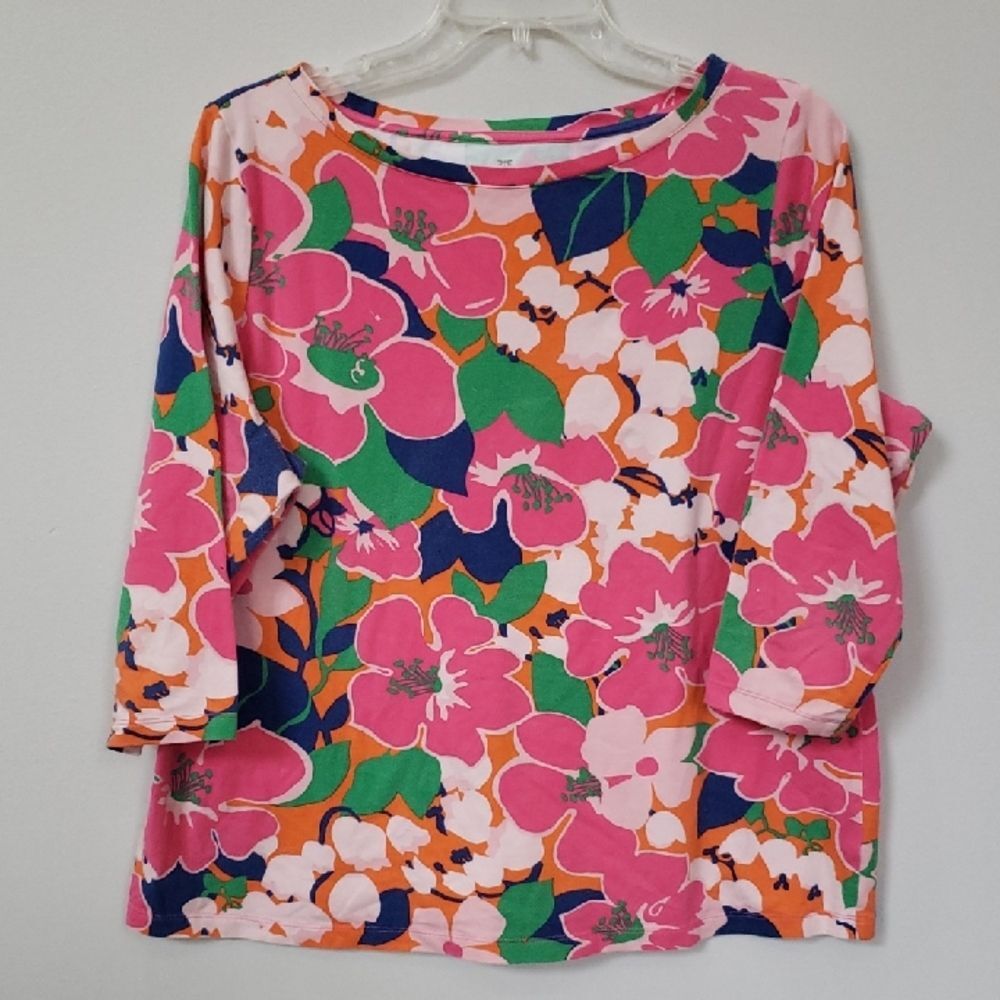 Talbots Top Womens 2XP Pink Hibiscus Tropical Floral Half Sleeve Crewneck Tee